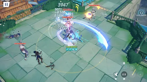 Stella Sora squad combat in an outdoor arena.