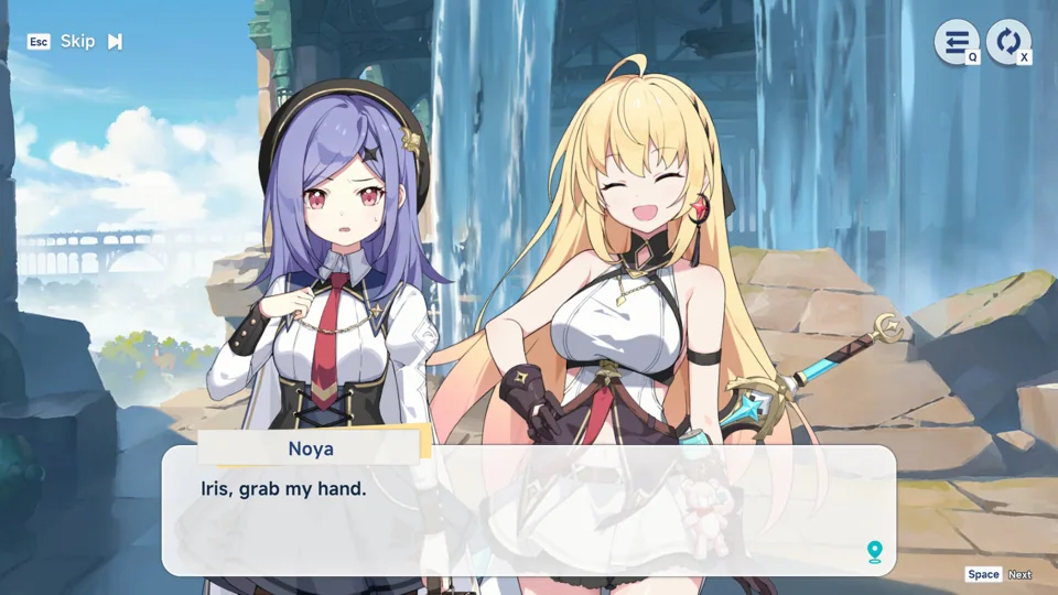 Stella Sora official story artwork with companions by a waterfall.