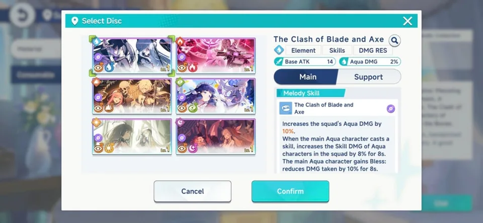 Stella Sora Select Disc screen with six choices and The Clash of Blade and Axe preview.