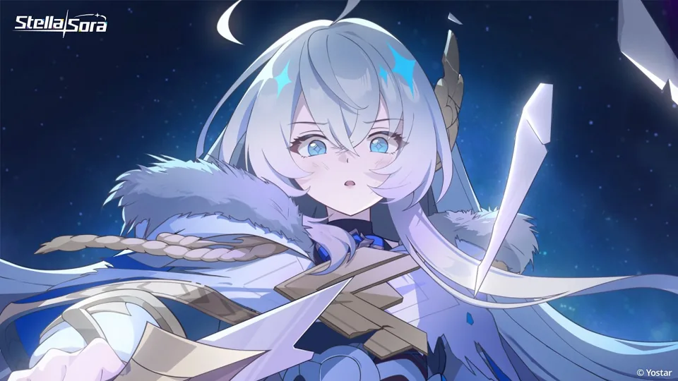 Official Stella Sora Firstlight Noya character PV cover showing the silver-haired swordswoman under a night sky.