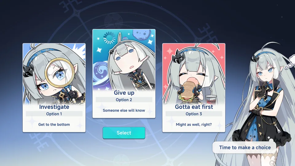 Stella Sora official promotional story-choice cards.
